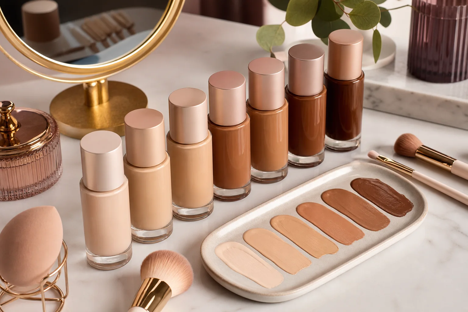 Unbranded foundation bottles and shade swatches on a makeup table