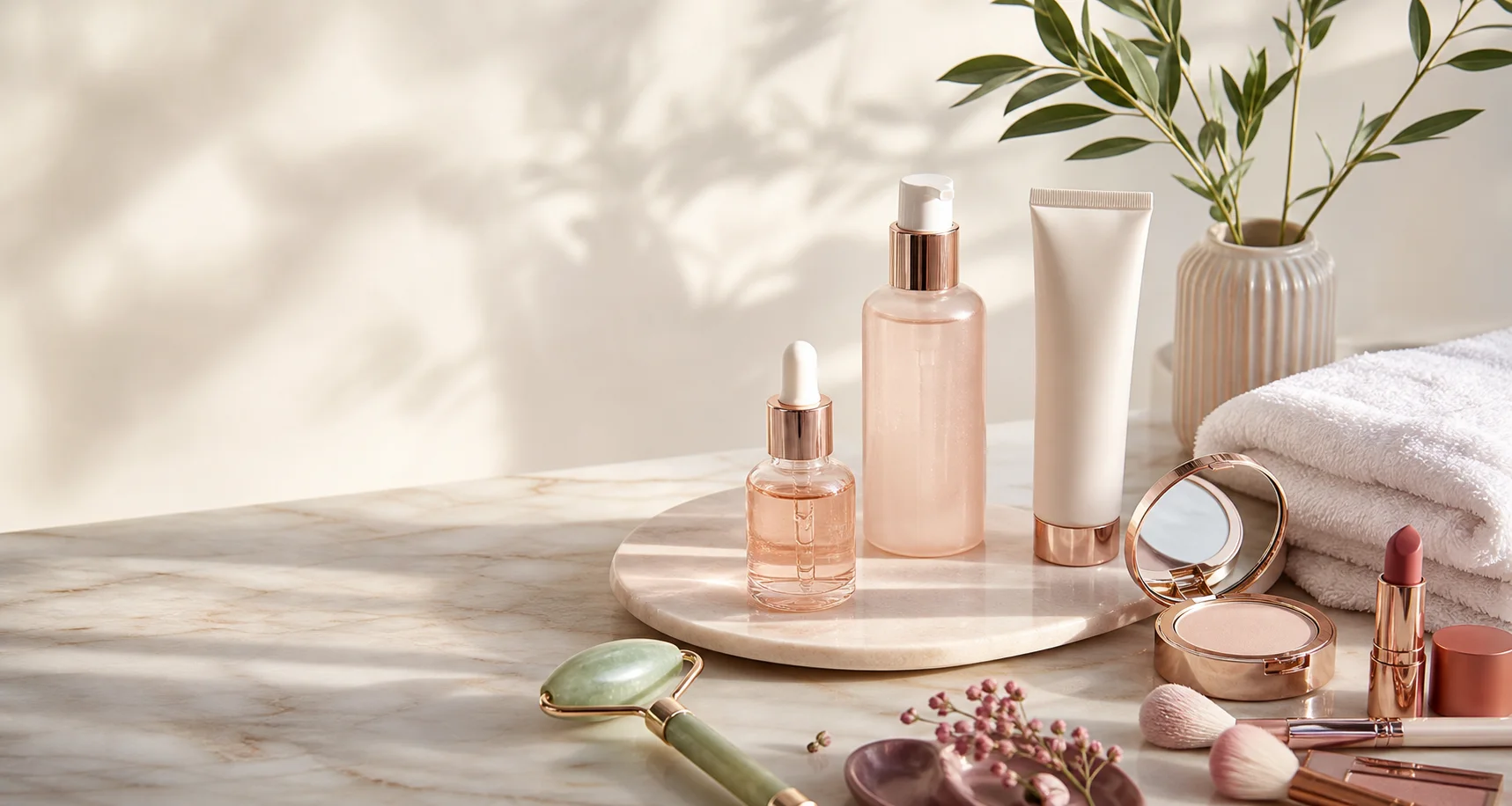 Beauty products arranged on a bright vanity