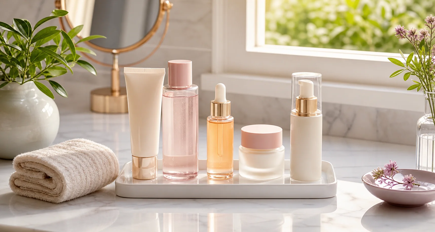 Unbranded morning skincare products on a bright vanity tray
