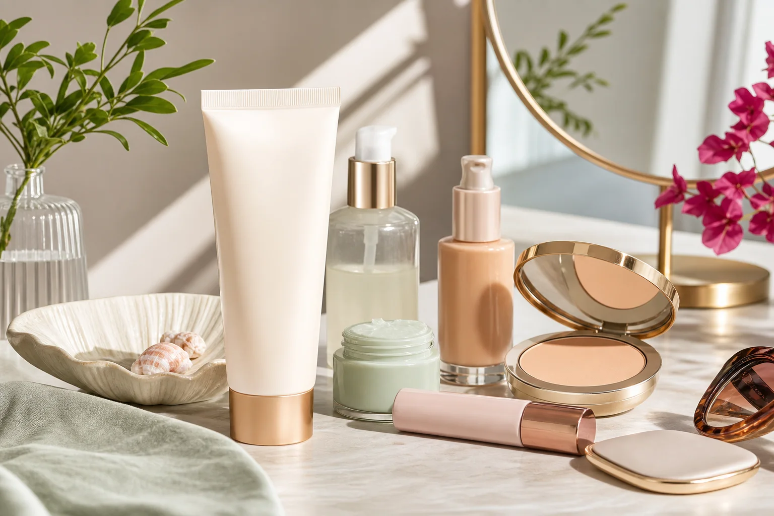 Sunscreen and makeup products arranged on a bright vanity